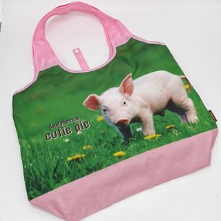 Japan Knick Knack Pink Nylon Fabric Pig Pattern Foldable Hand Bag64243744740099110