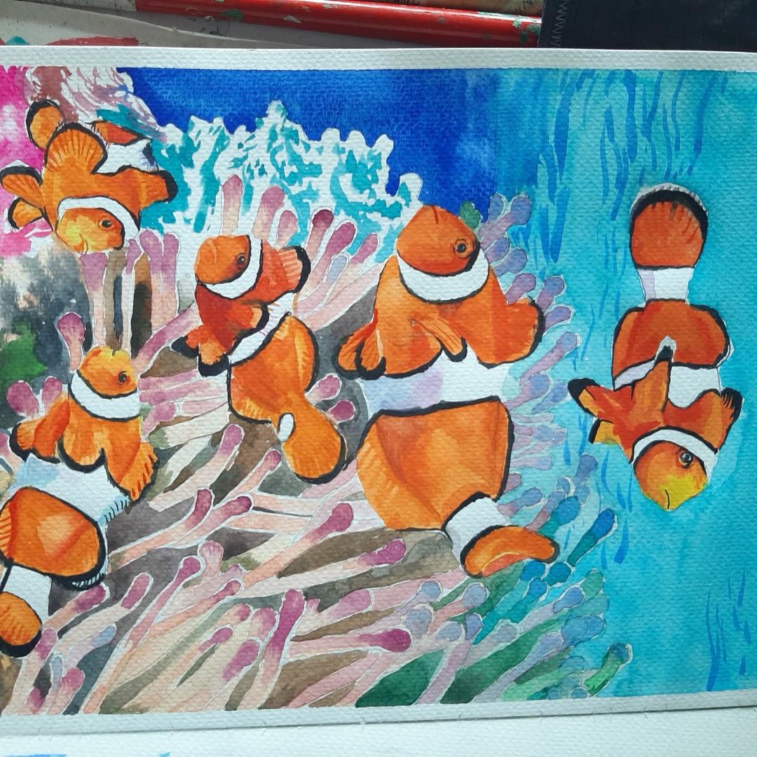 Clownfishes watercolor painting (Category: Art & Prints) located in Caloocan City. Submitted by avin_pamplina (Listing ID 1001690740, Image 3). Description: SENNELIER and WhiteNights Watercolors on Fabriano 9x12 inches. Detailed under the sea painting..