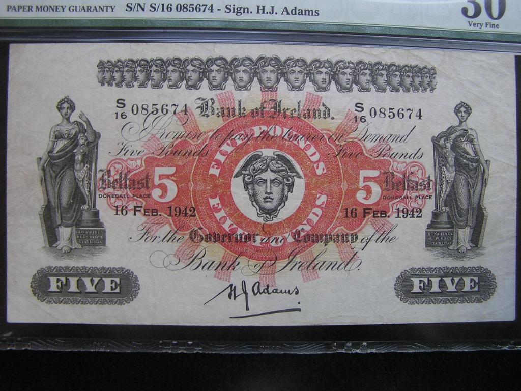Great Britain (Northern Ireland) - 1942年愛爾蘭銀行(Bank of Ireland)希臘神話蛇頭妖美杜莎頭像及 愛爾蘭女神坐像5鎊(Pound)鈔票(二戰時期, 已評級), 興趣及遊戲, 收藏品及紀念品, 錢幣- Carousell