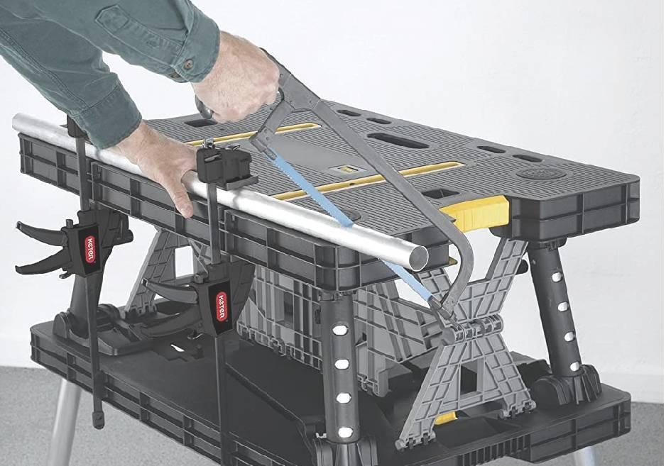 Keter Folding Compact Workbench Sawhorse Work Table with Clamps 1000 Lb