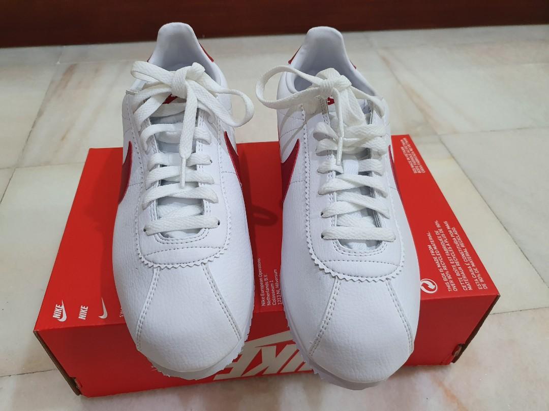 Cortez leather trainers in white with red swoosh online