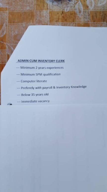 Admin Cum Inventory Clerk Jobs Full Time Admin Office Finance On Carousell