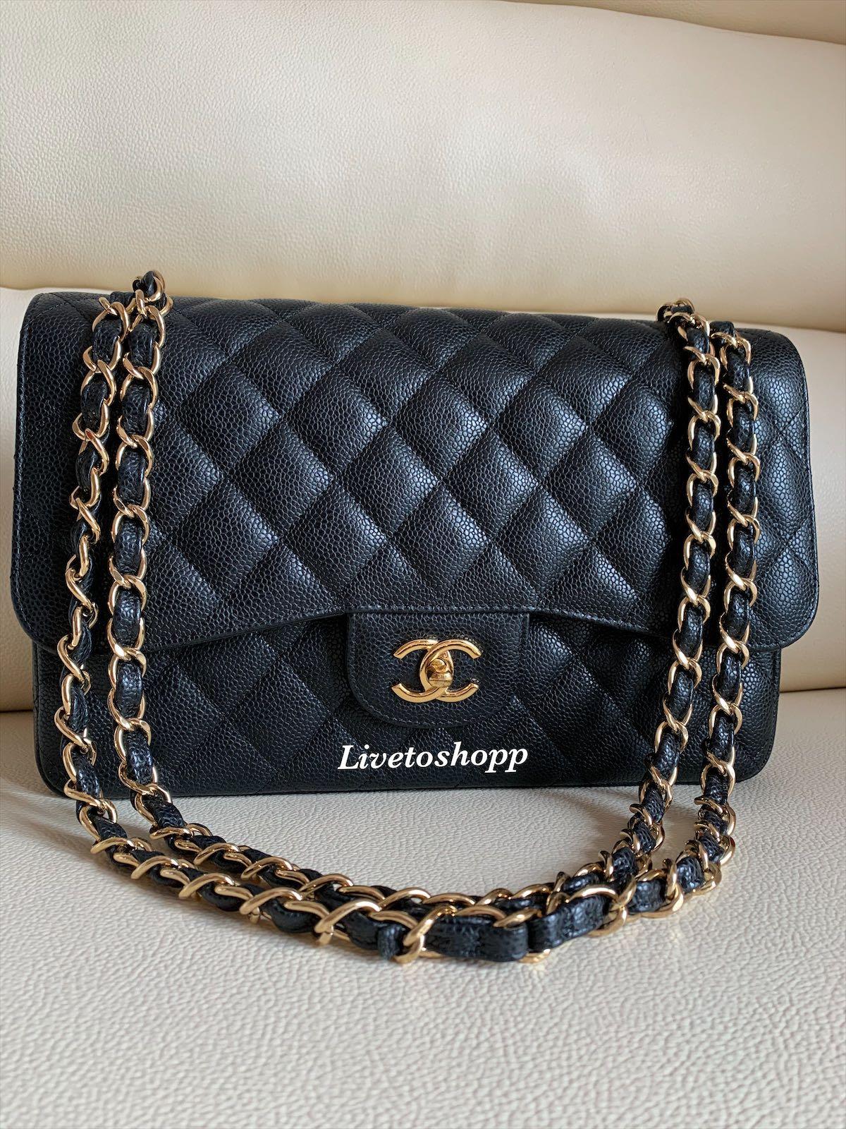 Chanel Beige Caviar Leather Classic Jumbo Double Flap GHW – On Que Style