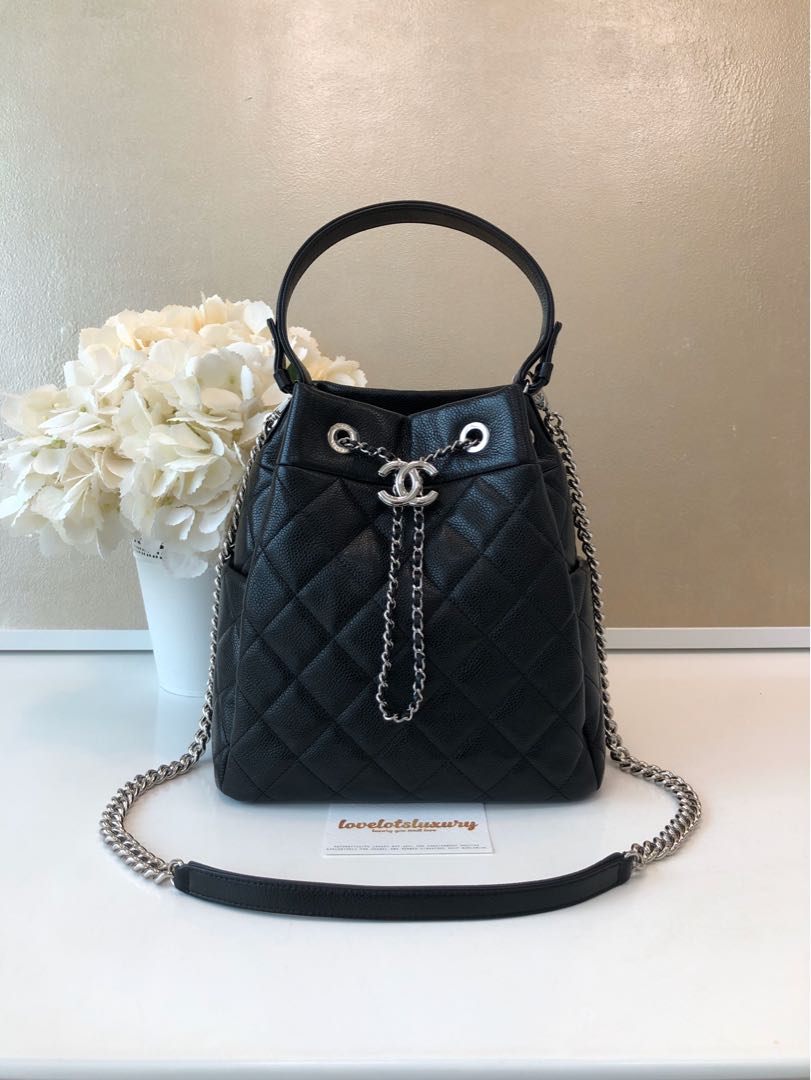 Chanel Quilted Drawstring Bucket Bag Full Black Caviar SHW