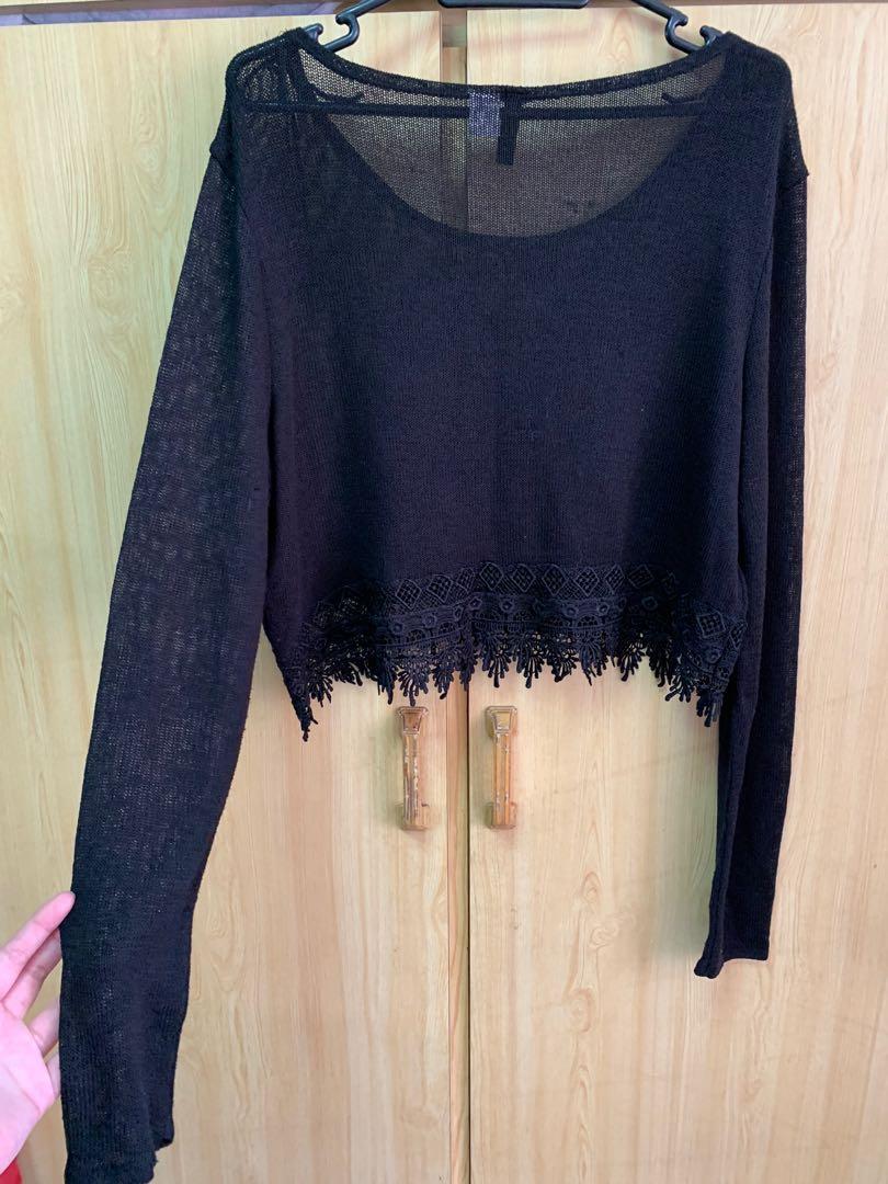 black crochet long sleeve top