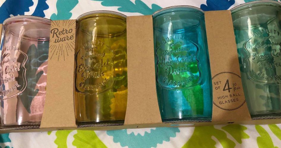 Home Essentials Retroware Hiball Glasses Assorted Colors Set of 4, 20 Ounce