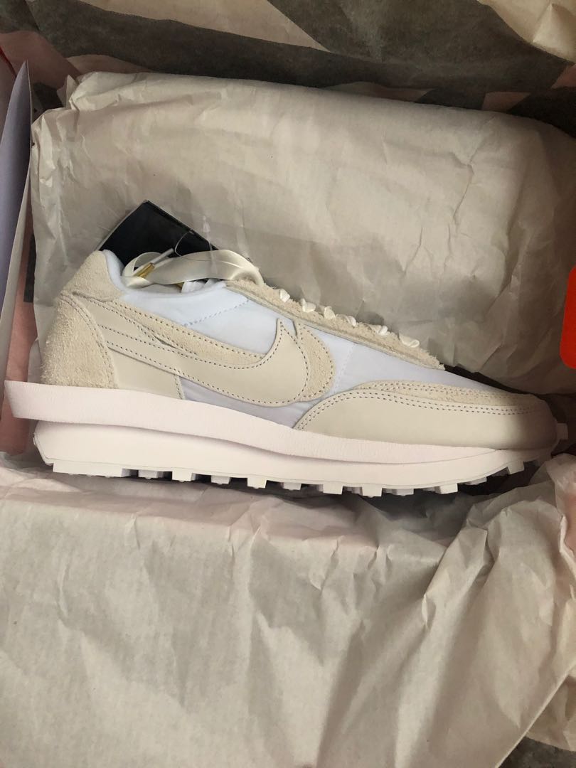nike sacai waffle white nylon on feet