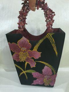 Aranaz black canvas bag with handpainted flowers and pearls or crystals as handle