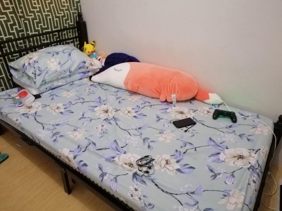 Double Bed frame with uratex mattress for sale (Category: Bed Frames & Mattresses) located in Taguig. Submitted by freeh (Listing ID 1000219051, Image 1). Description: Double size bed frame with uratex mattress for sale. Additional 500 for 2 sets of bed sheet w/ 2 pillow case.