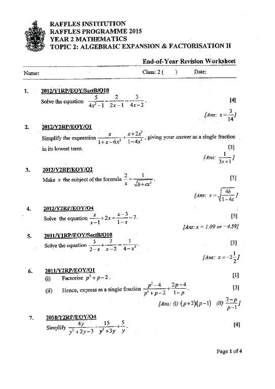 Sec 1 Maths Worksheets