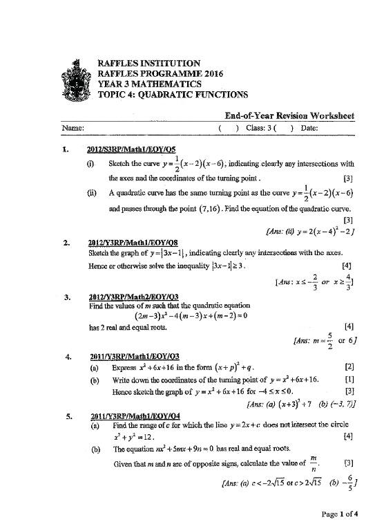 RI Sec 1 / Sec 2 / Sec 3 / Sec 4 / IP Math / Chemistry / Physics ...