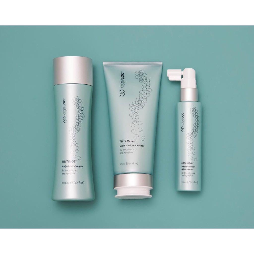 AgeLOC Nutriol Hair Care Shampoo Conditioner Serum (Category: Hair) located in Singapore. Submitted by onederful_living (Listing ID 281392494, Image 1). Description: Package included: 1 x ageLOC Nutriol Scalp Hair Shampoo 200ml 1 x ageLOC Nutriol Scalp Hair Conditional 175ml 1 x ageLOC Nutriol Scapl Hair Serum 75ml Benefit: - Build scalps health and hair density through intense fortification and proprietary ageLOC blend - Help restore healthy, st