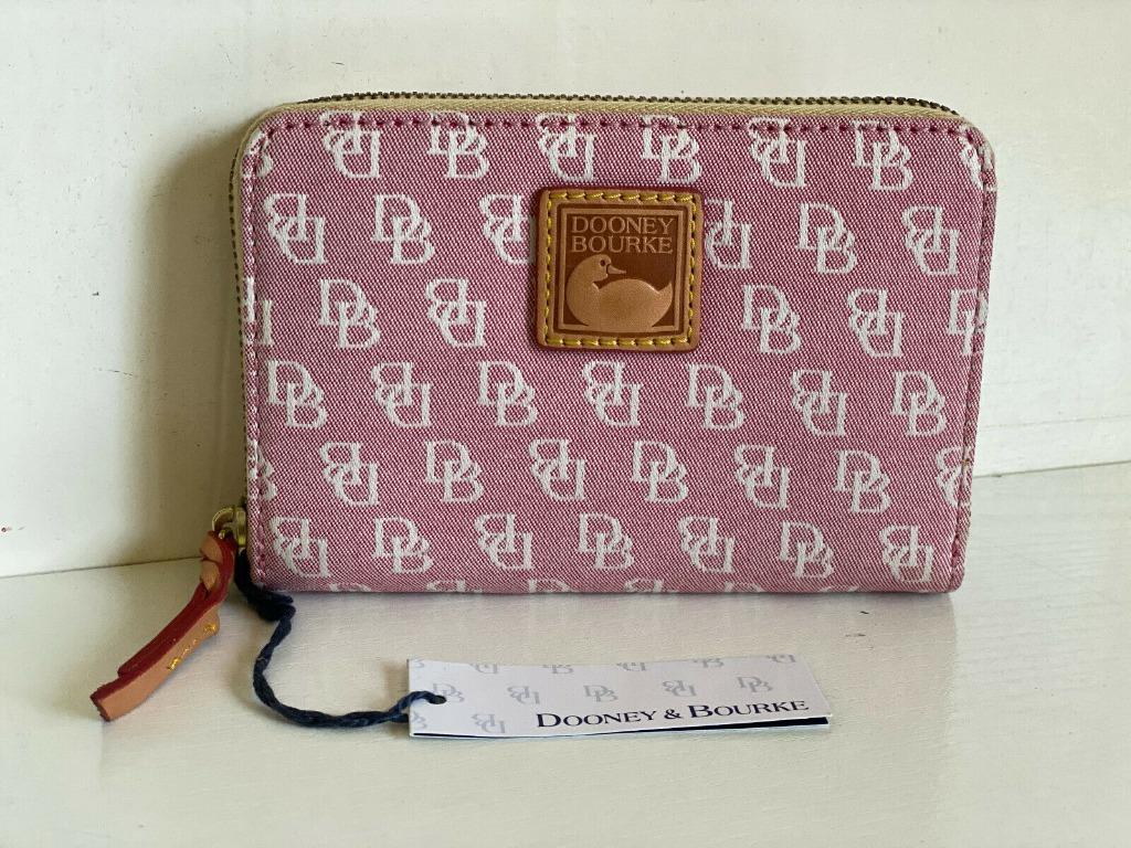 DOONEY BOURKE SIGNATURE LOGO JACQUARD PINK RED MEDIUM ZIP AROUND WALLET