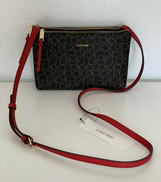 NEW! CALVIN KLEIN CK BROWN RED DOUBLE ZIP CROSSBODY SLING BAG PURSE,  Women's Fashion, Bags & Wallets, Cross-body Bags on Carousell