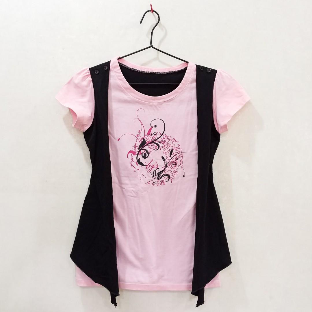 Bjs Pink Blouse T Shirt With Black Vest Women S Fashion Clothes