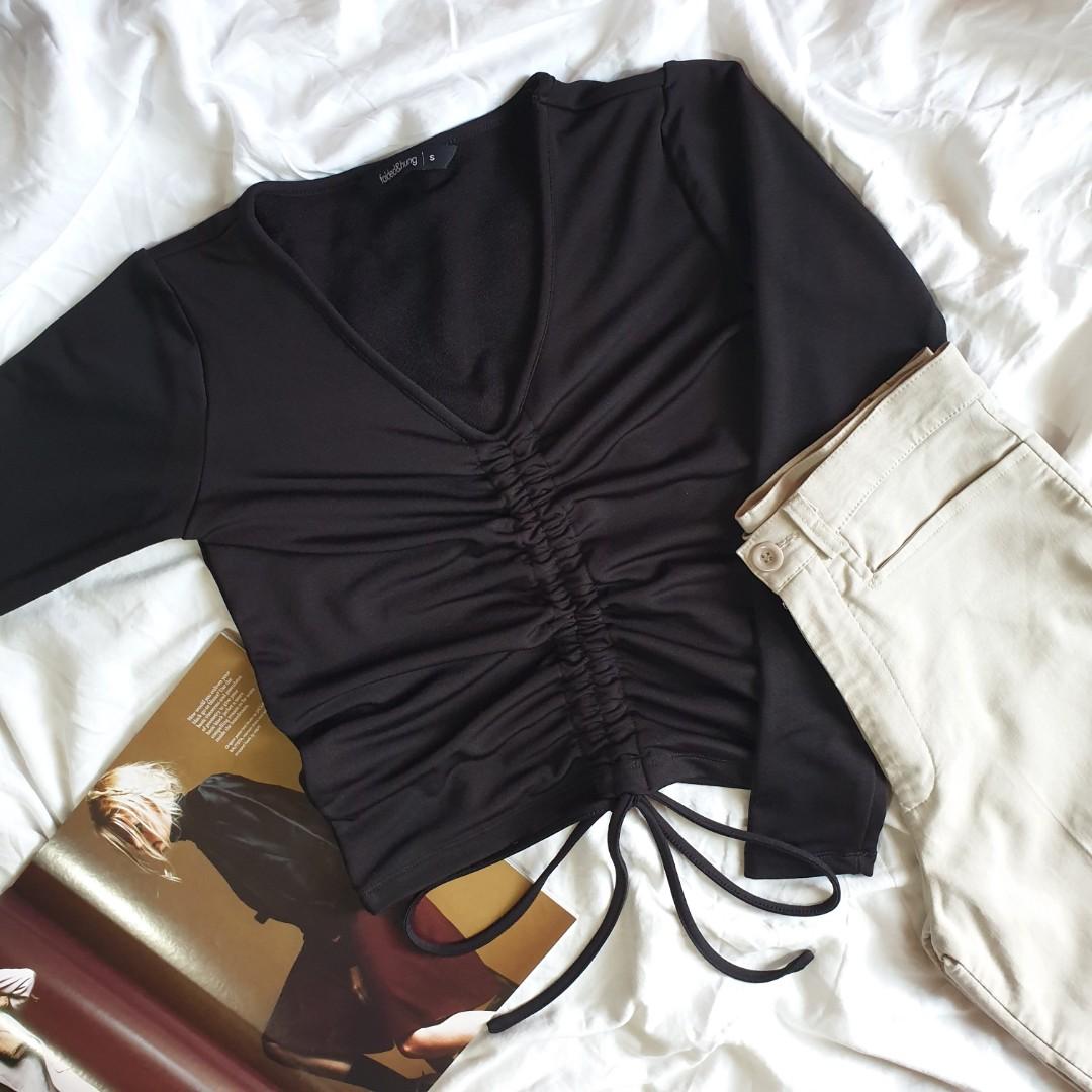 Folded Hung Black Long Sleeves V Neck Drawstring Tie Top Women S Fashion Tops Longsleeves On Carousell