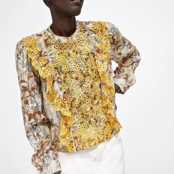 Zara embroidered high collar blouse 