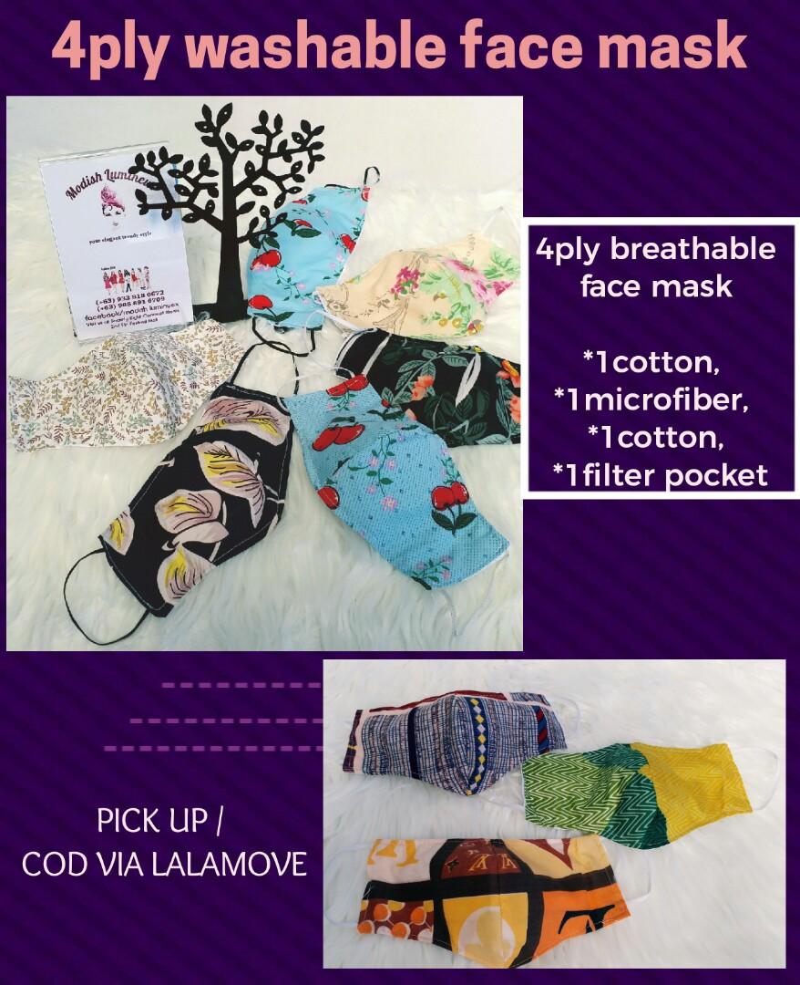 4ply Face mask with filter pocket (Category: Face Care) located in Las Pinas. Submitted by modish8 (Listing ID 1005715226, Image 1). Description: 4ply breathable washable face mask with filter pocket.