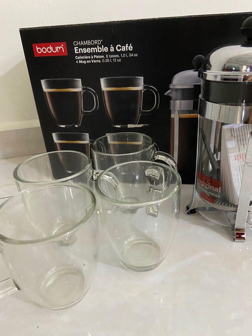 bodum chambord coffee set french press coffee maker with 4 glass mugs furniture home living kitchenware tableware coffee tea tableware on carousell
