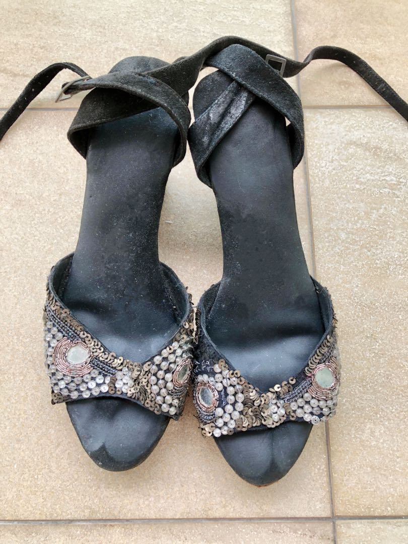 Designer black sued bohemian beaded sandals