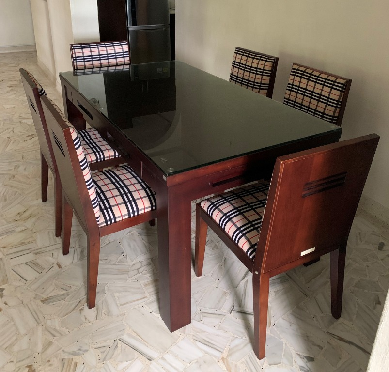 Dining Table with glass top & 6 Chairs, Furniture & Home Living