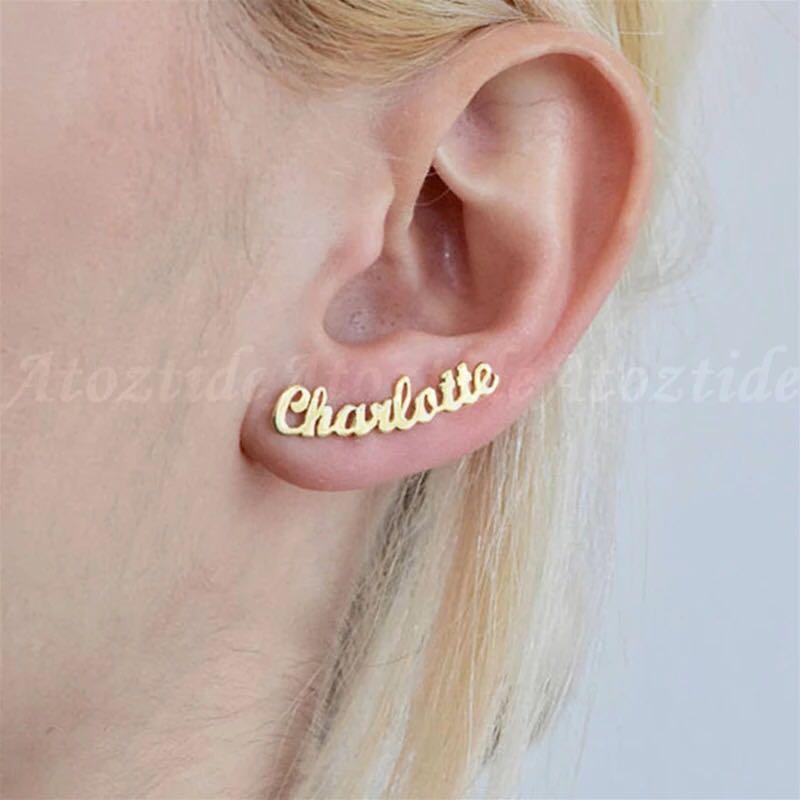 PO custom personalised nameplate hoop earrings Women s Fashion