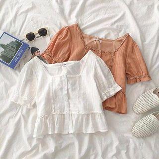 White Button Blouse Top Loose Crop Summer Korean