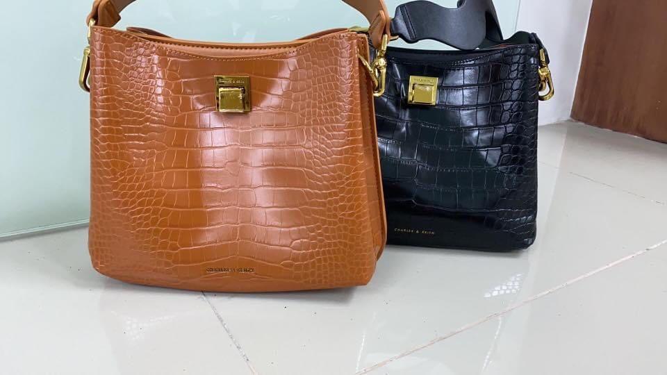 Charles and Keith Croc effect bucket shoulder bag, Luxury, Bags