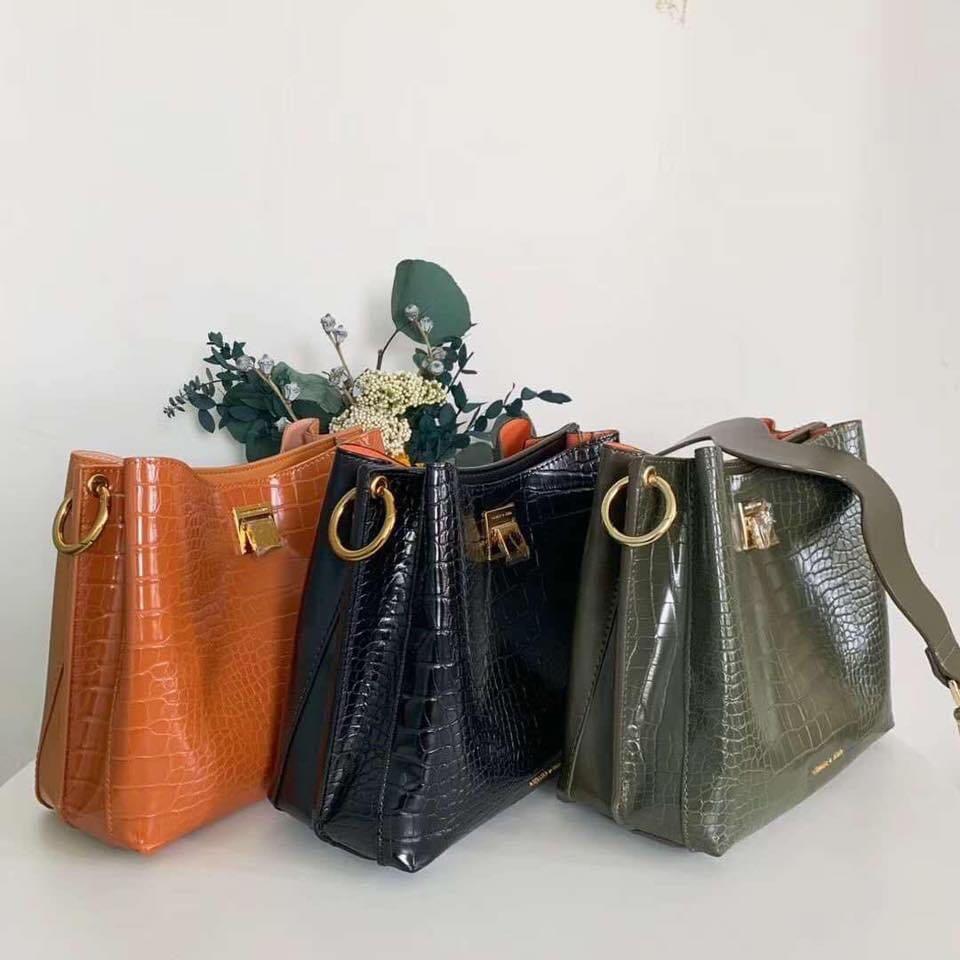 Charles and Keith Croc effect bucket shoulder bag, Luxury, Bags