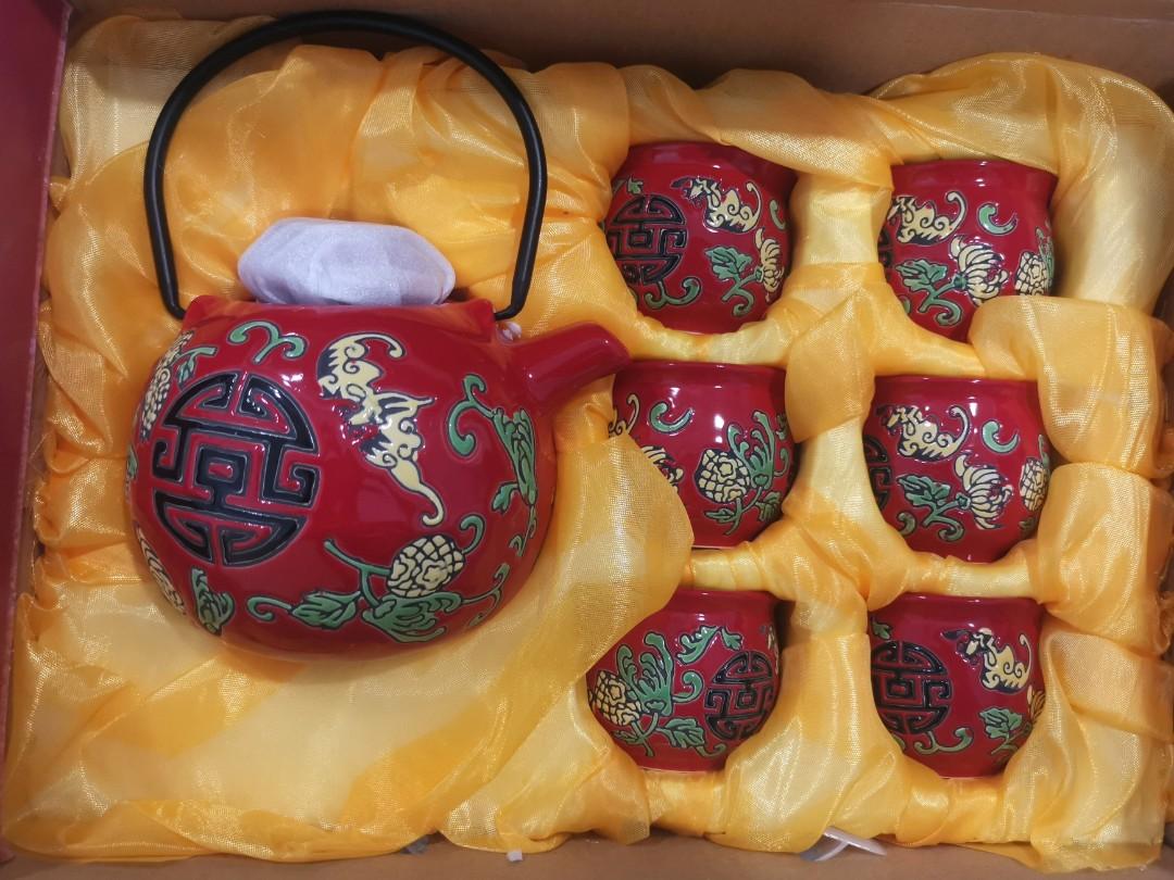 Chinese tea set red wedding auspicious, Furniture & Home Living, Kitchenware & Tableware, Coffee