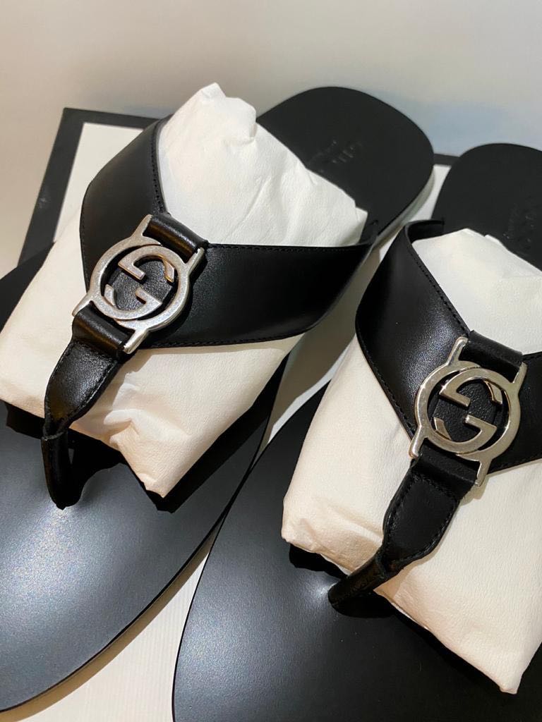 Gucci Silver Gucci Logo Plaque Thong Sandals Slippers Slides