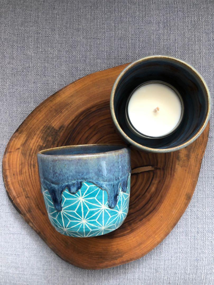 Handmade Ceramic Holder With Geometric Design And Drippy Glaze Coloured In Turquoise Blue One Piece Design Craft Handmade Craft On Carousell