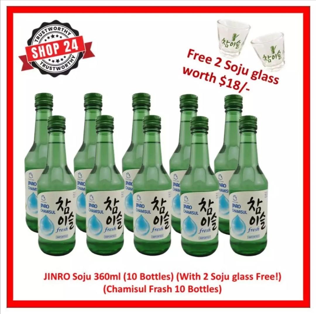 Jinro Chamisul Fresh Korean Soju 17 2 Alcohol 10 Bottles Set With 2 Soju Glass Worth 18 For Free Food Drinks Beverages On Carousell