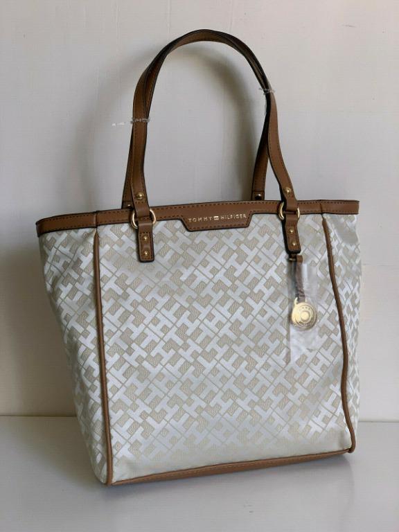 NEW TOMMY HILFIGER BEIGE BROWN SHOPPER SATCHEL TOTE BAG PURSE