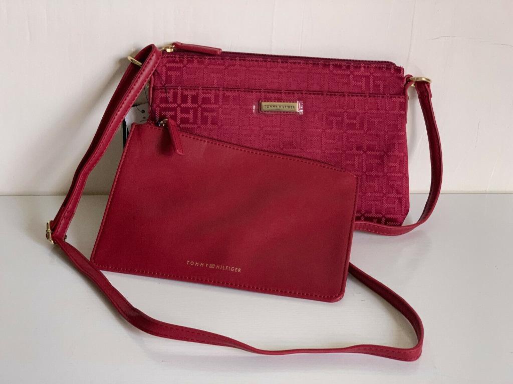 NEW! TOMMY HILFIGER RED SIGNATURE CROSSBODY SLING BAG W/ WALLET POUCH ...