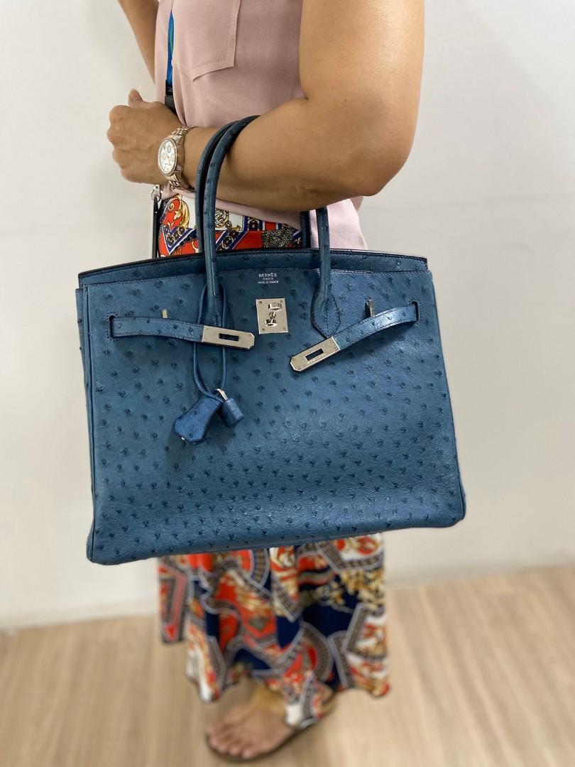 HERMES Birkin 35 Bleu Jean Ostrich Leather Bag