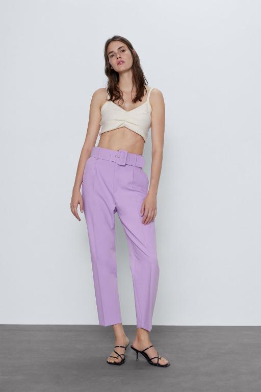 ZARA PURPLE HIGH-WAIST TROUSERS WITH BELT (PANTS), Women's Fashion,  Bottoms, Other Bottoms on Carousell