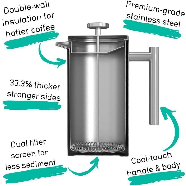Coffee Gator French Press Coffee Maker, Thermal Insulated Brewer Plus  Travel Jar, Large Capacity, Double Wall Stainless Steel, 34oz, Gray 