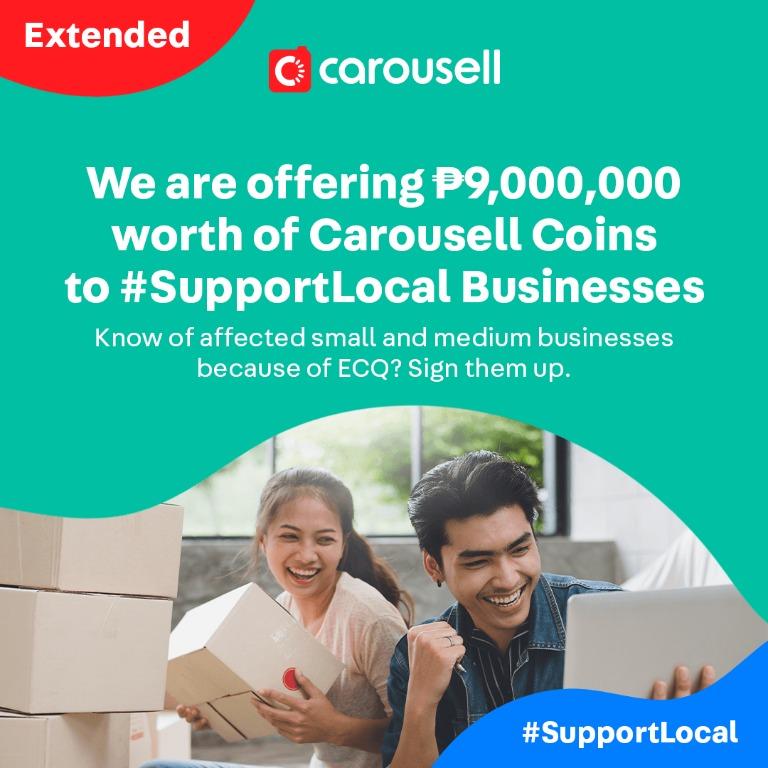 EXTENDED TILL MAY 31: #SupportLocal Businesses Package (Category: Everything Else Others) located in Mandaluyong City. Submitted by carousellph_promote (Listing ID 1002950903, Image 1). Description: We are offering ₱9 million worth of Carousell Coins to #SupportLocal businesses! Application is extended till May 31. Know of affected merchants who can't open their offline businesses due to ECQ? Have them sign up for our package here: https://caro.s