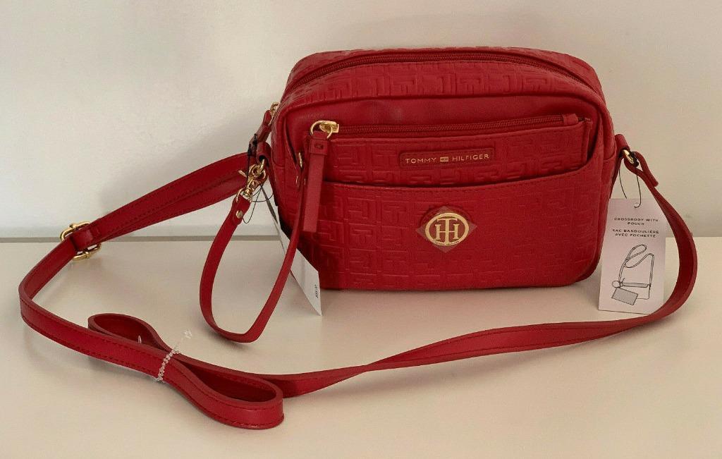 NEW! TOMMY HILFIGER RED LEATHER CROSSBODY SLING BAG W/ WALLET POUCH