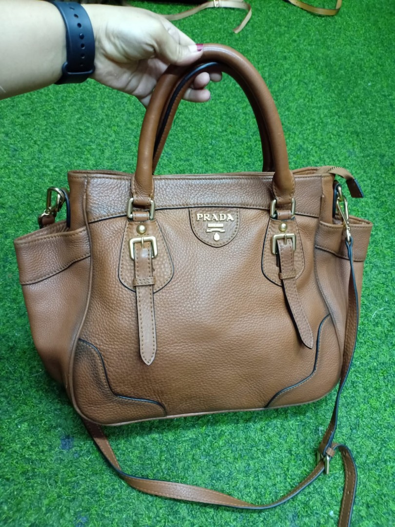 Prada tan leather handbag sales