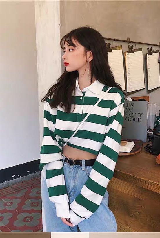 Collar polo long store sleeve crop top