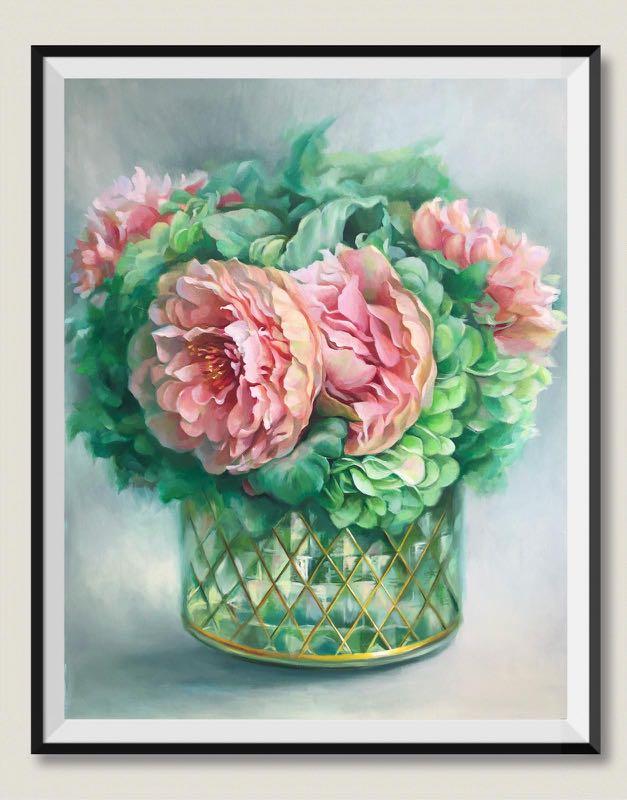 A Still Life Oil Painting Flower Bouquet In Glass Pot Original