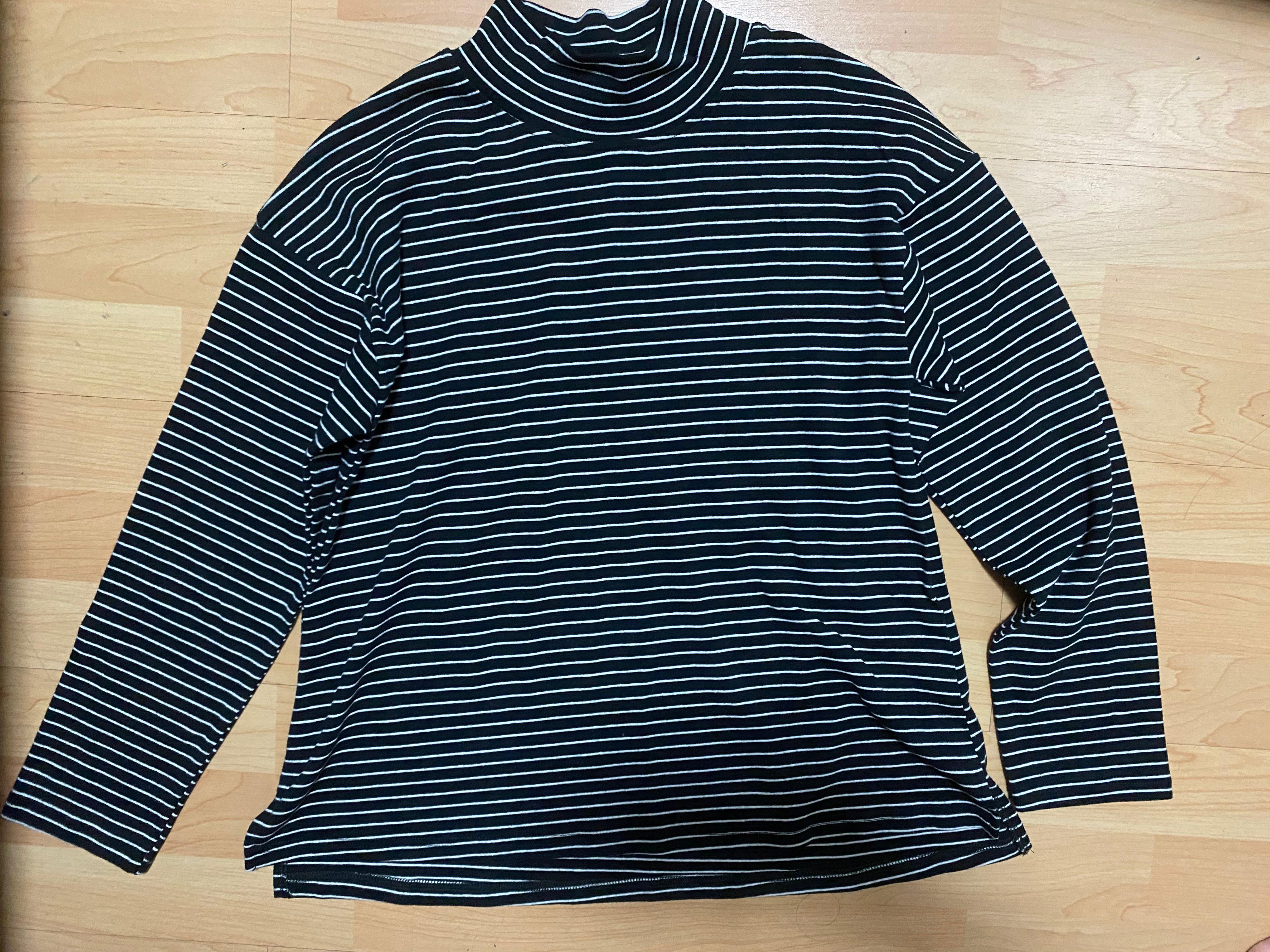 black and white striped mock neck top