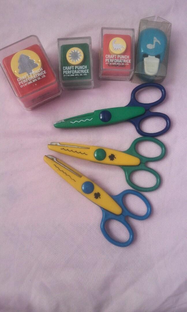 Craft scissors (Category: Craft Supplies & Tools) located in Singapore. Submitted by garagedeals (Listing ID 1006632001, Image 1). Description: All for $8 3 jagged scissors Christmas tree cutter Sun cutter Dinosaur curve Music note cutter Art and craft supplies.