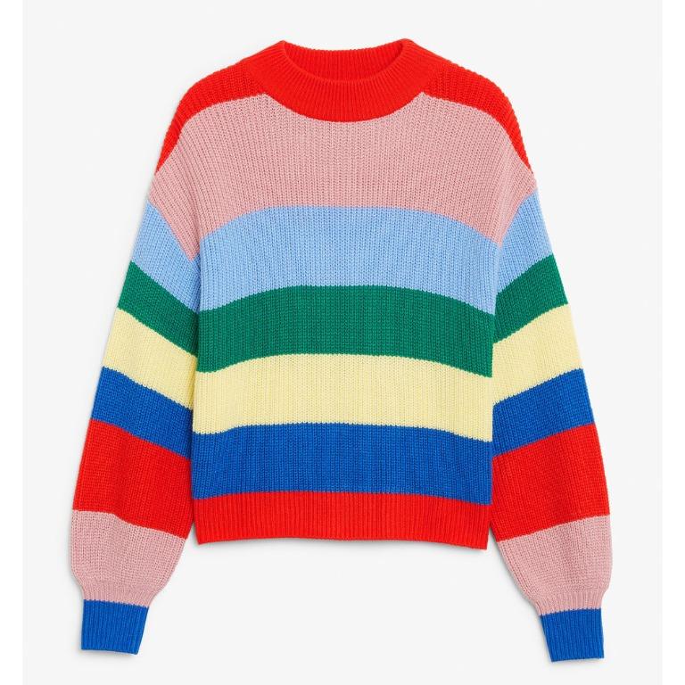 Monki Crew Neck Knit Sweater in Pink Rainbow