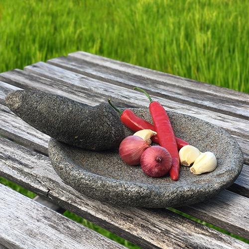Traditional Solid Granite Stone Mortar Pestle Indonesian Ulekan Cobek Batu Asli Deep Saucer Flat Plate Batu Lesung For Chilli Sambal Tumis Paste Or Peanut Sauce Furniture Home Living Kitchenware