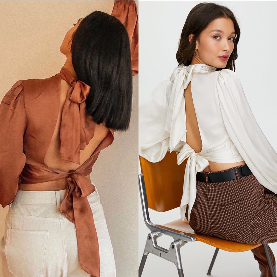 💎 Aritzia Wilfred Leigh Ribbon Open Back Blouse - Shiny backless top in  Avorio (white) and Terrazzo Brown authentic, Women's Fashion, Tops, Blouses  on Carousell