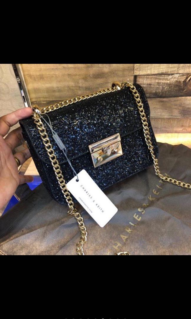 Charles Keith Sling Bag glitter Fesyen Wanita Tas Dompet di