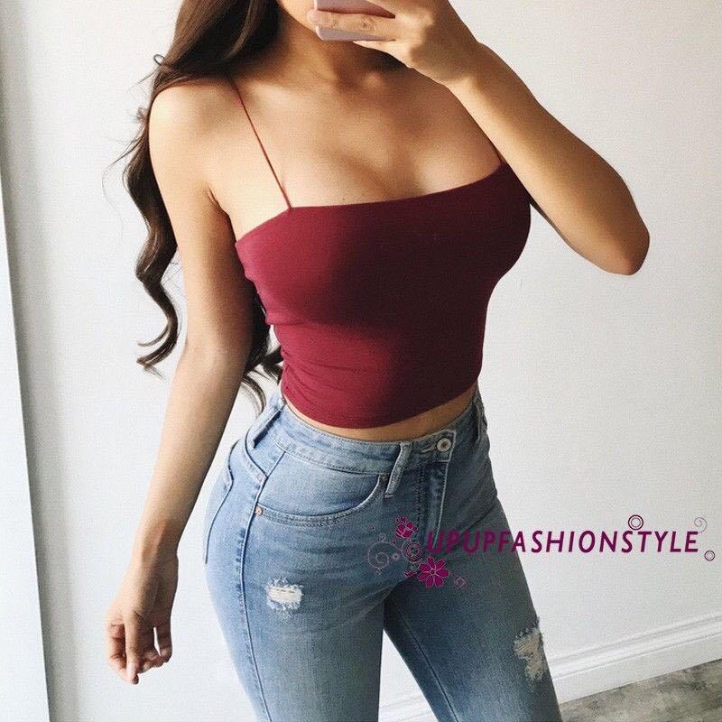 Maroon Red Sleeveless Spaghetti Strap Crop Top